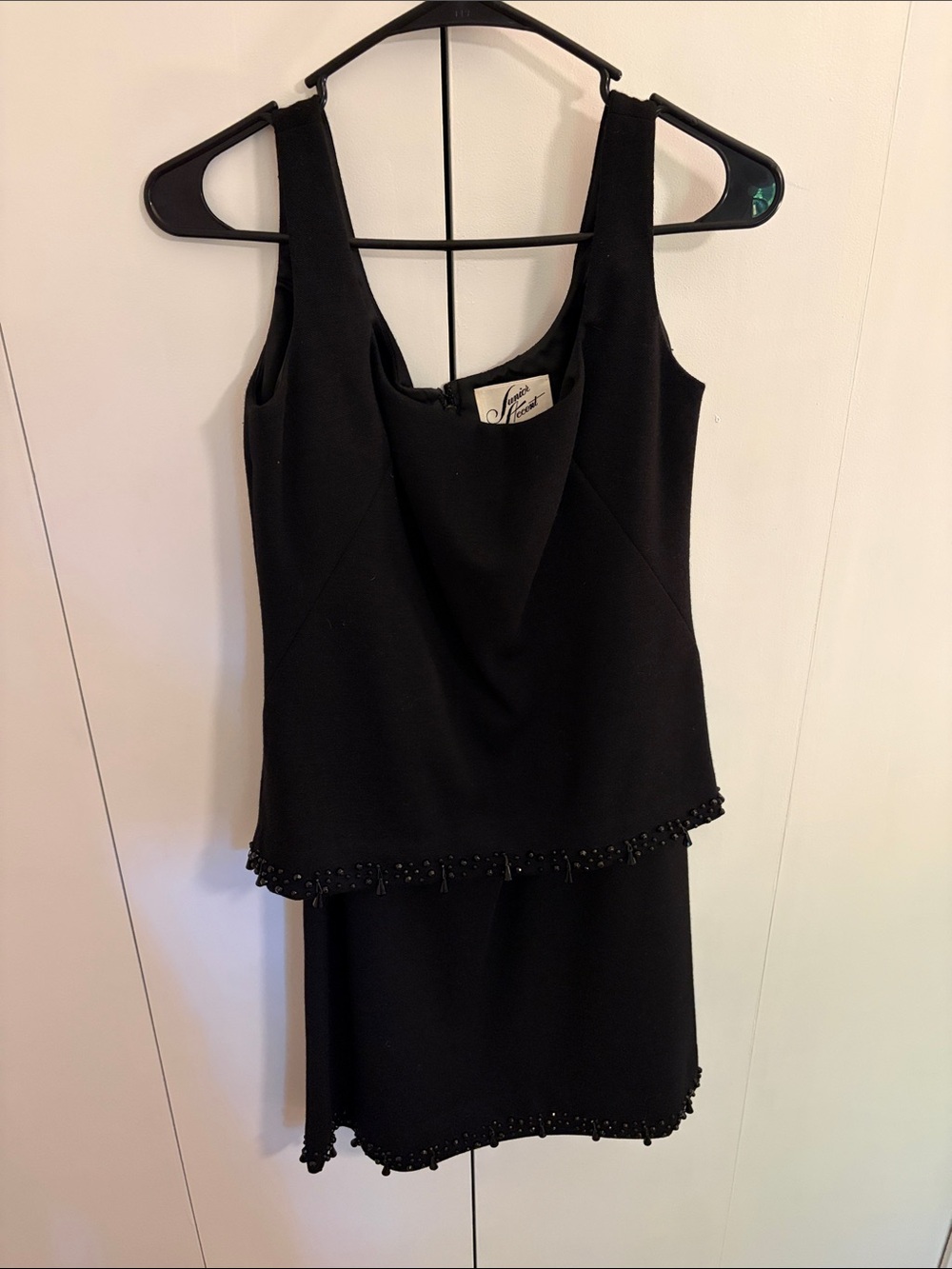 Vintage 2-Piece Dress w/ Black Square  Neck Sleeveless Shell + Beaded Trim Dress